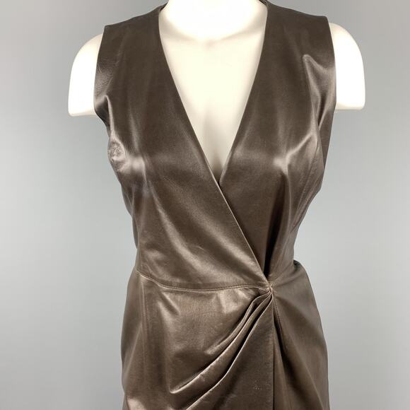 OSCAR DE LA RENTA Size 4 Brown Leather Draped Sleeveless Wrap Dress - Picture 2 of 8